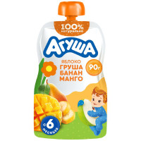 Пюре детское фруктовое Агуша Яблоко-Груша-Банан-Манго с 6 месяцев, 90г Пюре детское фруктовое Агуша Яблоко-Груша-Банан-Манго с 6 месяцев, 90г