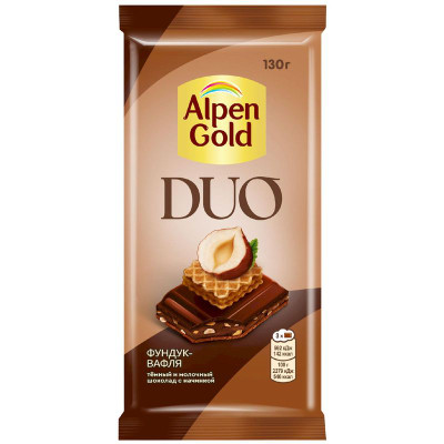 Изображение товара Тёмный шоколад и молочный шоколад Alpen Gold Duo с начинкой какао-фундук-вафельная крошка в карамели, 130г