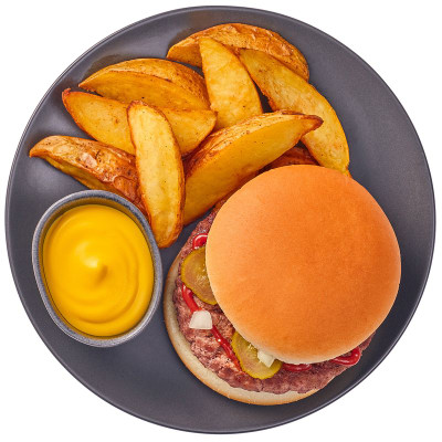 Изображение товара Гамбургер с картофелем по-деревенски и сырным соусом Перекрёсток Select, 265г