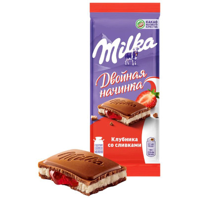 Изображение товара Шоколад Milka молочный с двухслойной начинкой клубника-сливки, 80г