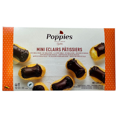Изображение товара Мини-эклеры Poppies Патисьер со сливками и баварским кремом в шоколадной глазури замороженные, 200г