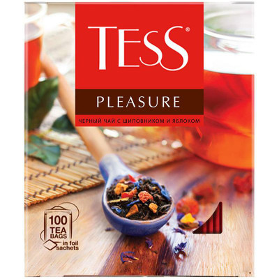 Изображение товара Чай Tess pleasure чёрный байховый с шиповником и яблоком в пакетиках 100х1.5г