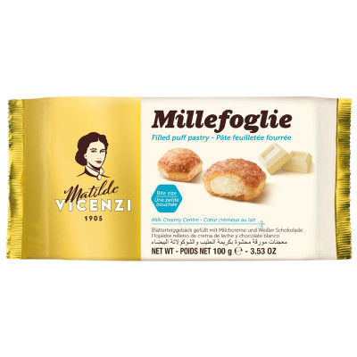 Изображение товара Пирожные Vicenzi слоёные с молочным кремом и белым шоколадом, 100г