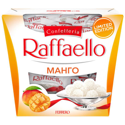 Изображение товара Конфеты Raffaello со вкусом манго с цельным миндальным орехом внутри покрытые кокосовой стружкой, 130г