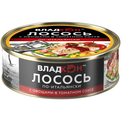 Изображение товара Лосось Владкон атлантический с овощами в томатном соусе по-итальянски филе-кусочки, 240г