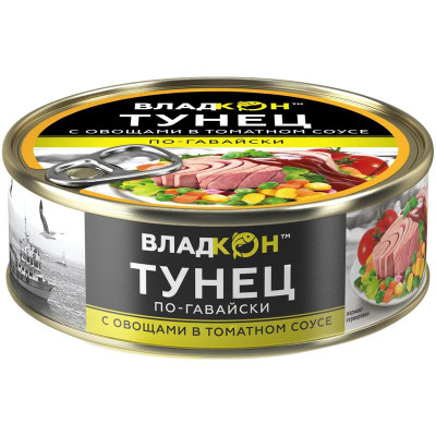 Изображение товара Тунец Владкон филе-кусочки с овощами в томатном соусе по-гавайски, 240г