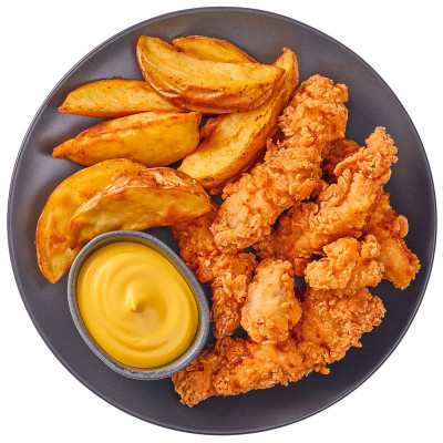 Изображение товара Стрипсы из куриного филе с картофелем по-деревенски и сырным соусом Перекрёсток Select, 265г