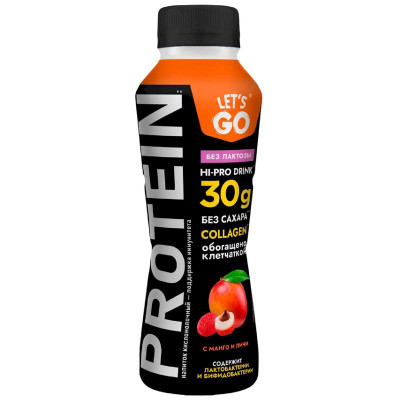 Изображение товара Напиток кисломолочный Let's Go Манго-Личи обезжиренный безлактозный, 340г