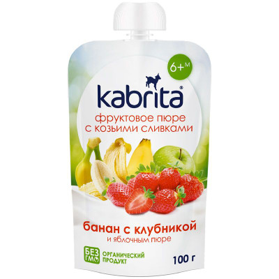 Изображение товара Пюре Kabrita с козьими сливками Банан с клубникой и яблочным пюре, 100г