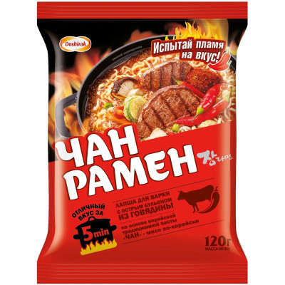 Изображение товара Лапша Доширак Чан рамен быстрого приготовления с острой говядиной, 120г