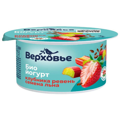 Изображение товара Биойогурт Верховье Клубника-Ревень-Семена льна 2.9%, 130г