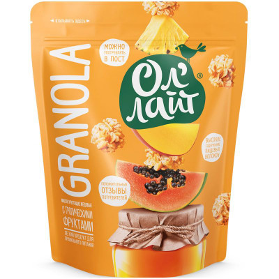 Изображение товара Гранола Ол Лайт медовые с тропическими фруктами хрустящие, 280г