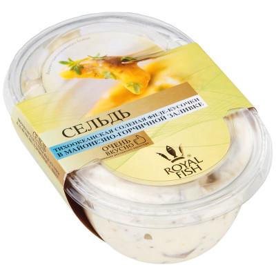 Изображение товара Сельдь Royal Fish тихоокеанская солёная филе-кусочки в майонезно-горчичной заливке, 330г