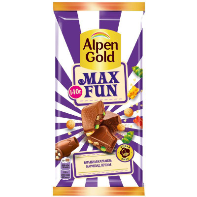 Изображение товара Шоколад Alpen Gold max fun молочный со взрывной карамелью, мармеладом и печеньем, 140г