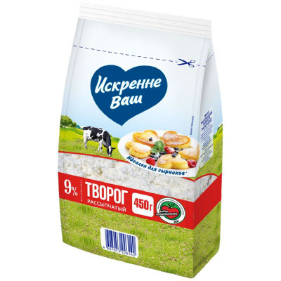 Изображение товара Творог Искренне Ваш рассыпчатый 9%, 450г
