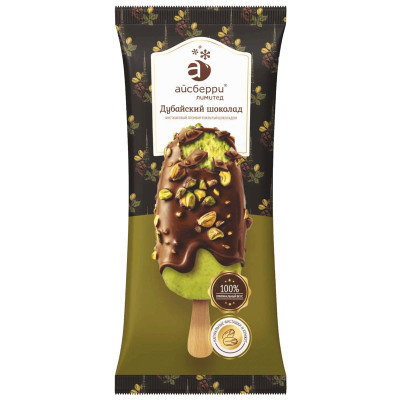 Изображение товара Мороженое Айсберри Дубайский шоколад сливочное с фисташкой и кунжутом 8%, 80г