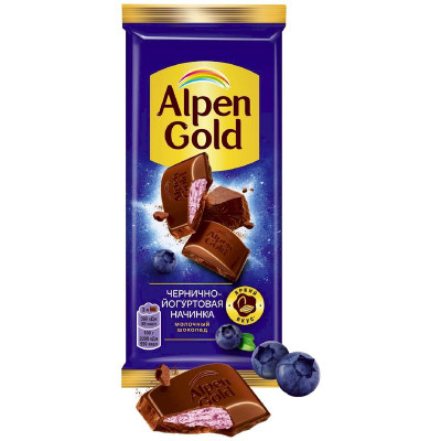 Изображение товара Шоколад Alpen Gold молочный с чернично-йогуртовой начинкой, 80г