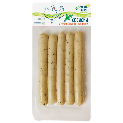 Изображение товара Сосиски из мяса птицы с моцареллой и базиликом вареные 1 сорт Зелёная Линия, 250г
