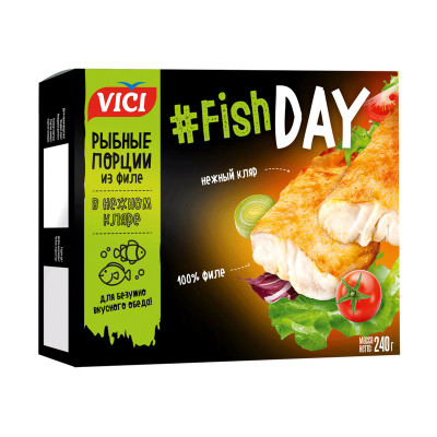 Изображение товара Минтай Vici Fish Day филе порции в нежном кляре обжаренные замороженные, 240г