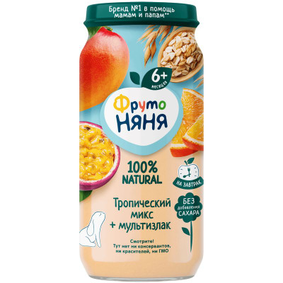 Изображение товара Пюре Фрутоняня яблоко-банан-манго-апельсин-маракуйя со злаками с 8 месяцев, 250г