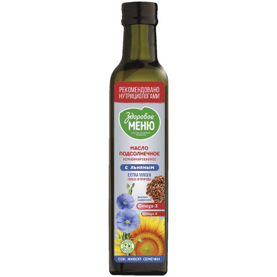 Изображение товара Масло подсолнечное Здоровое меню нерафинированное с добавлением льняного высший сорт, 250мл