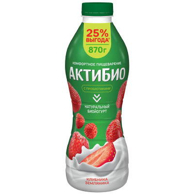 Изображение товара Биойогурт Актибио с клубникой и земляникой обогащенный бифидобактериями 1.5%, 870г