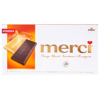 Изображение товара Шоколад горький Merci с соком апельсина и кусочками миндаля, 4x25г