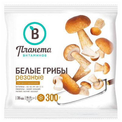 Изображение товара Грибы белые Планета Витаминов резаные быстрозамороженные, 300г