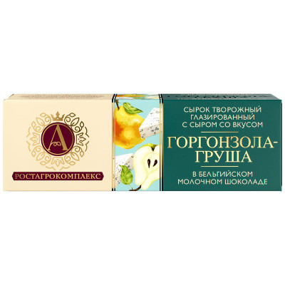 Изображение товара Сырок творожный А. Ростагрокомплекс в молочном шоколаде с сыром со вкусом горгонзола и наполнителем груша 24%, 50г