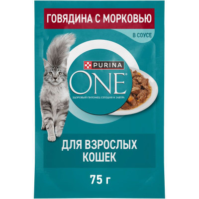 Изображение товара Влажный корм Purina One для кошек с говядиной и морковью в соусе, 75г