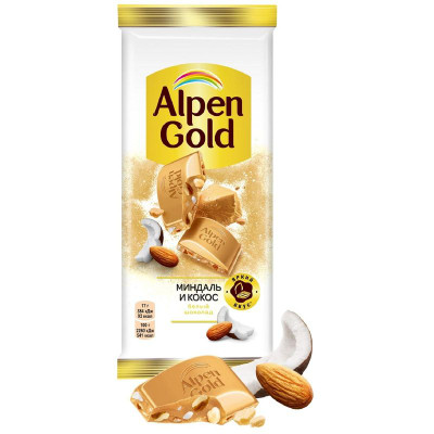 Изображение товара Шоколад Alpen Gold белый с миндалем и кокосовой стружкой, 80г
