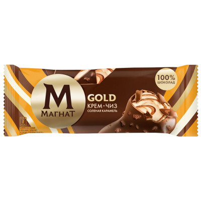 Изображение товара Мороженое Магнат Gold Крем-Чиз Солёная Карамель в молочном шоколаде с печеньем 8%, 70г