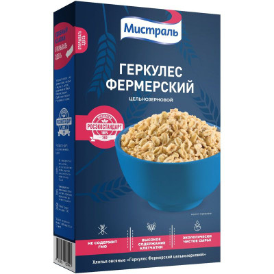Изображение товара Хлопья овсяные Мистраль Геркулес Фермерский цельнозерновой, 400г