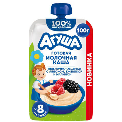 Изображение товара Каша молочная Агуша пшенично-овсяная Яблоко-Ежевика-Малина с 8 месяцев, 100г