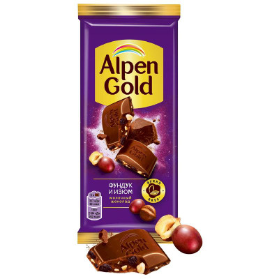 Изображение товара Шоколад Alpen Gold молочный с фундуком и изюмом, 80г