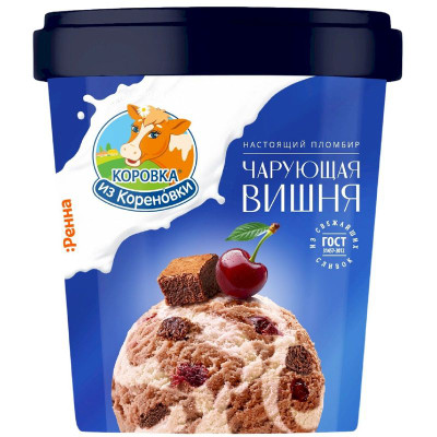 Изображение товара Мороженое Коровка Из Кореновки пломбир шоколадный с вишней и крошкой шоколадного печенья 15%, 300г