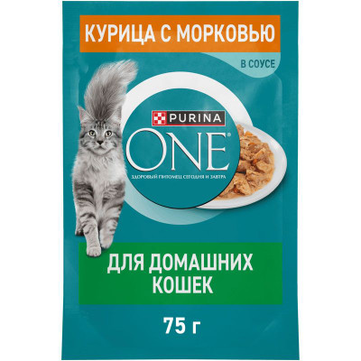 Изображение товара Влажный корм Purina One для кошек живущих в домашних условия с курицей и морковью в соусе, 75г