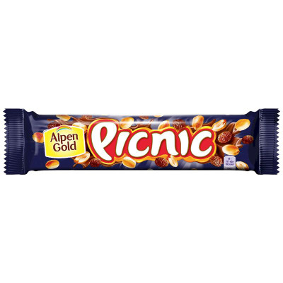 Изображение товара Батончик Alpen Gold picnic с арахисом и изюмом начинкой из мягкой карамели вафель и воздушного риса 38г