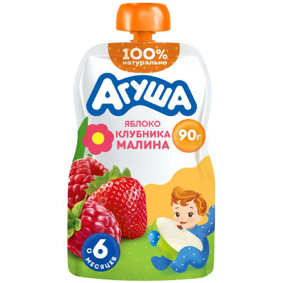 Изображение товара Пюре Агуша детское фруктово-ягодное Яблоко-клубника-малина с 6 месяцев, 90г