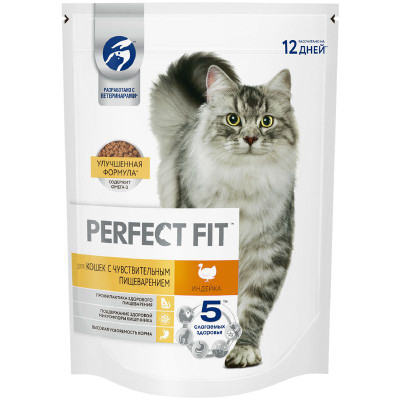 Изображение товара Сухой полнорационный корм Perfect Fit для взрослых кошек с чувствительным пищеварением с индейкой, 650г