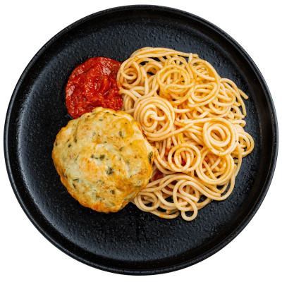 Изображение товара Оладьи куриные со спагетти и томатным соусом Перекрёсток Select, 250г