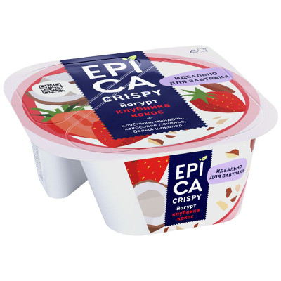 Изображение товара Йогурт Epica Crispy кокос-миндаль-шоколад-клубника-смесь печенья 4.8%, 138г