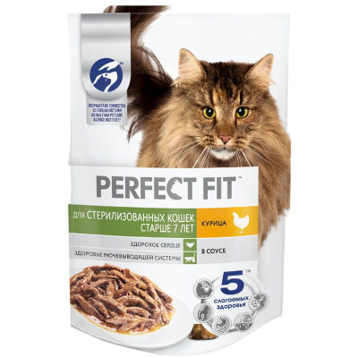 Изображение товара Влажный корм Perfect Fit для стерилизованных кошек старше 7 лет с курицей в соусе, 75г