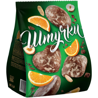 Изображение товара Пряники Штучки с шоколадом фундуком арахисом и апельсиновыми цукатами, 250г