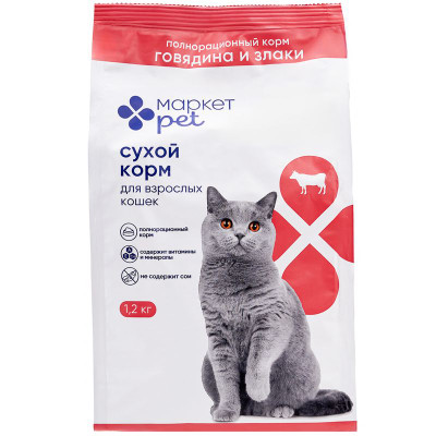 Изображение товара Корм сухой для кошек из говядины и злаков Market Pet, 1.2кг
