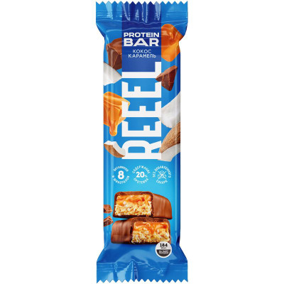 Изображение товара Батончик Reeel Кокос-Карамель с высоким содержанием белка с витаминно-минеральным премиксом, 40г
