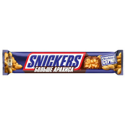 Изображение товара Батончик Snickers Больше арахиса шоколадный с жареным арахисом и карамелью в молочном шоколаде, 87г