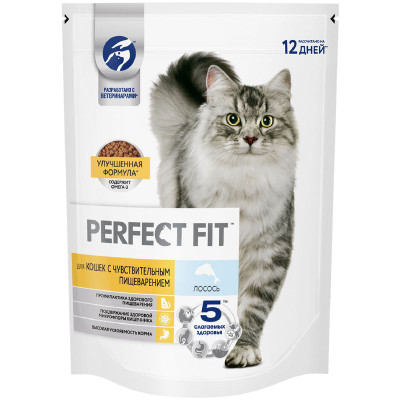 Изображение товара Сухой полнорационный корм Perfect Fit для взрослых кошек с чувствительным пищеварением с лососем, 650г