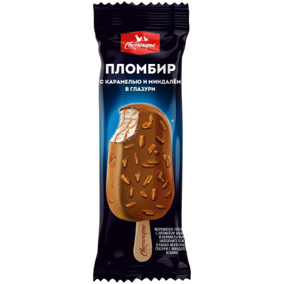 Изображение товара Мороженое Свитлогорье пломбир с ароматом ванили в какао-молочной глазури с миндалем 15%, 80г