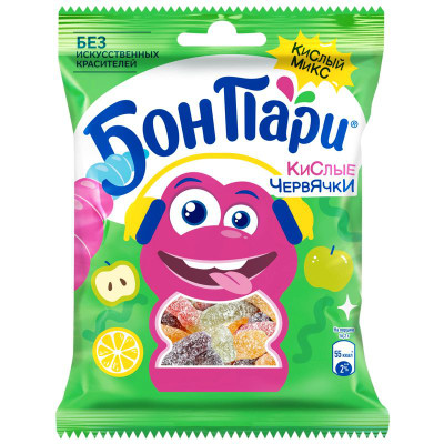 Изображение товара Мармелад Бон Пари Кислые червячки жевательный фрукты, 75г